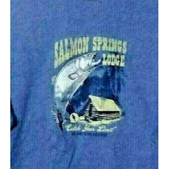 St. Johns Bay Salmon Springs Lodge Men's Graphic Tee Fishing Navy Blue Sz Medium - Picture 2 of 4